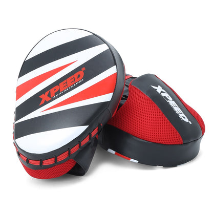XPEED XP404 curved focus pads with multi-layer foam for boxing and MMA training, shown with black and red design.