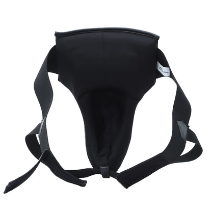 XPEED Abdoguard XP405 anatomic PU groin and abdominal guard for boxing and MMA, shown in black with padding and adjustable straps.