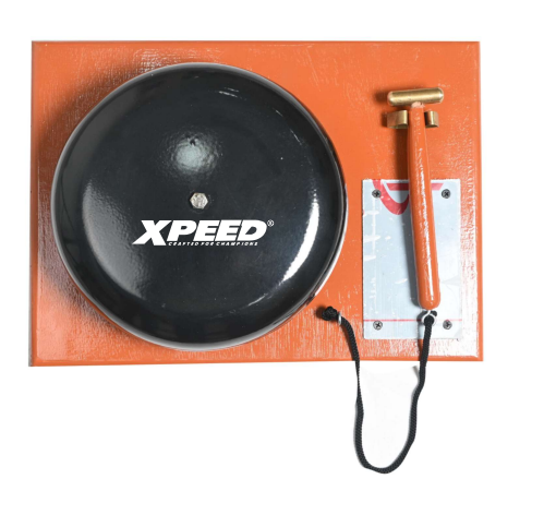 Xpeed XP5008 professional boxing ring gong with brass hammer, mounted on a wooden frame for boxing ring accessories.