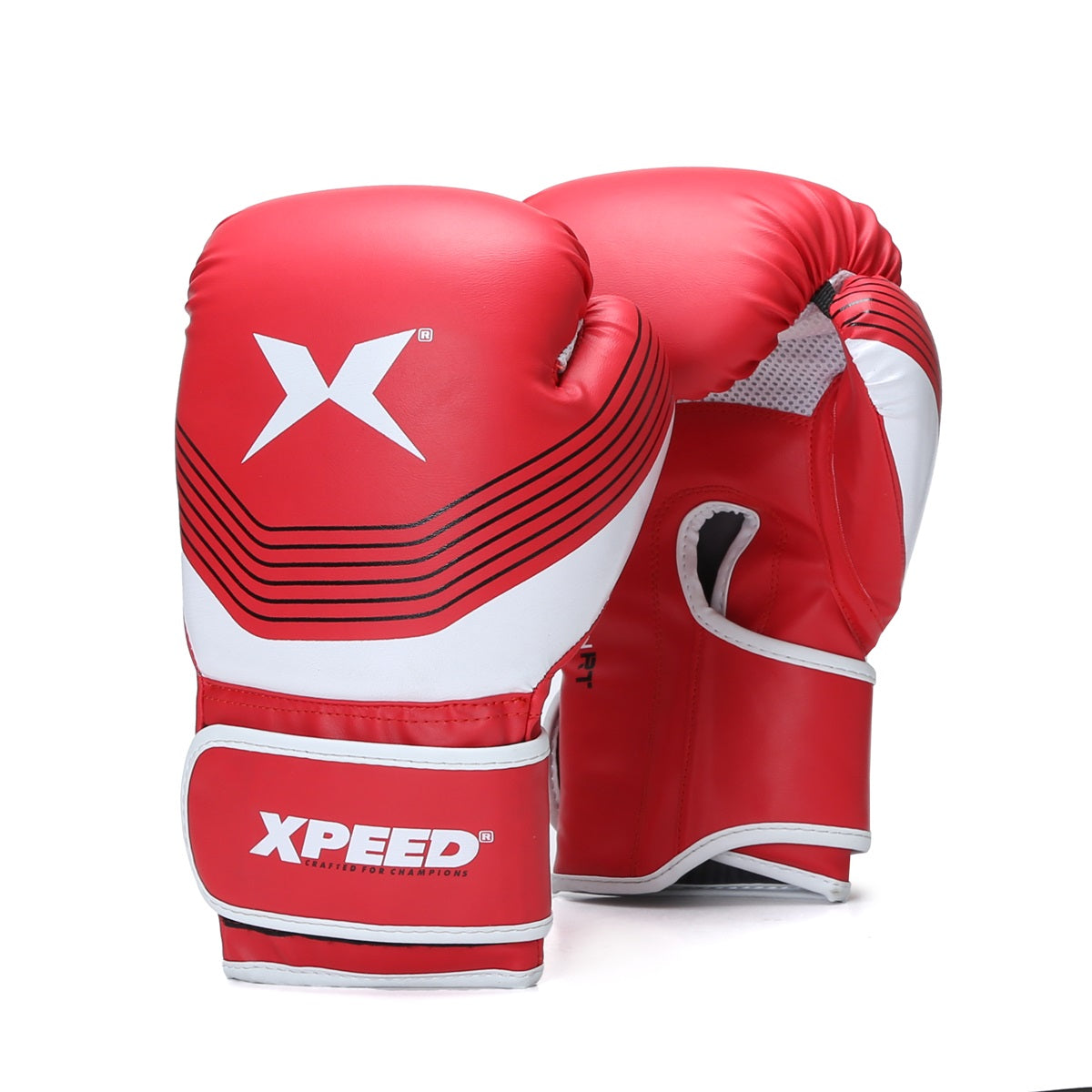 Red XPEED XP501 Safety Spar Glove from the Revolution RT Series, designed for boxing with padded safety features.