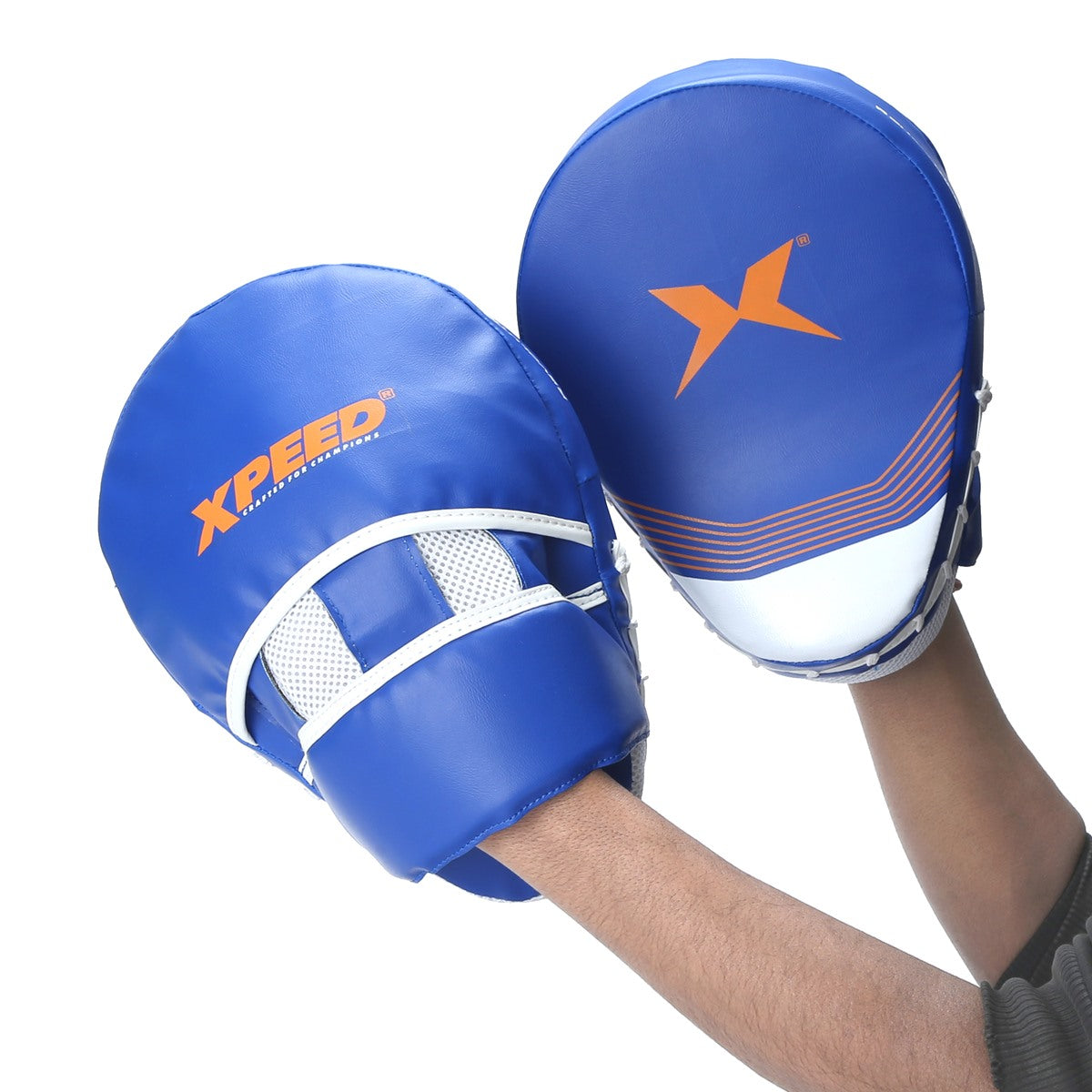 Xpeed XP504 curved focus pads for boxing and martial arts training, showing padded hand targets with curved design