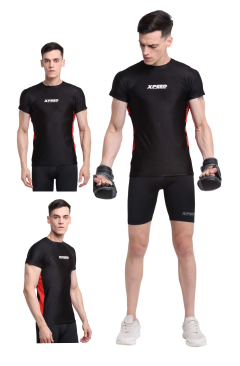 Men's XPEED XP710 short sleeve rash guard, compression training top, black and blue athletic rash guard for moisture-wicking performance.
