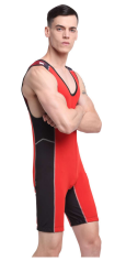 XPEED XP712 men's wrestling suit, competitive singlet made of polyester spandex, shown in a black and red design.