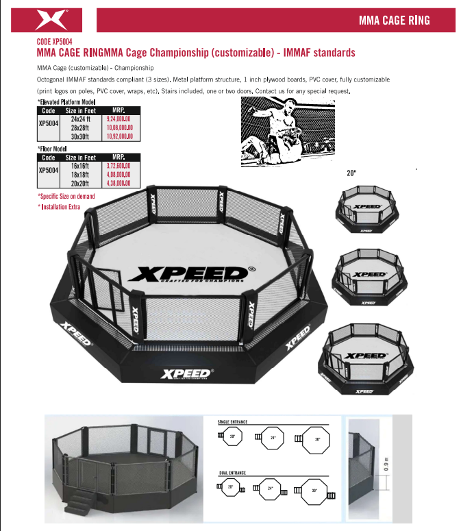 Xpeed XP5004 MMA cage ring with IMMAF standard floor model, featuring metal fencing and padded flooring for MMA competitions
