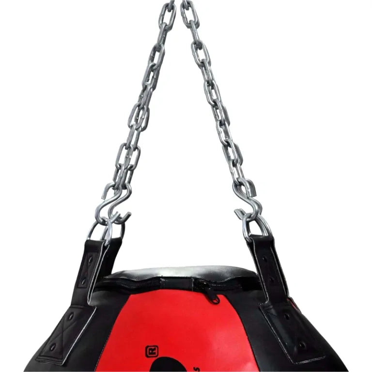 Red XP213 Revolution RT heavy duty punch bag from Xpeed, shown hanging with a sturdy top and durable surface for boxing training.
