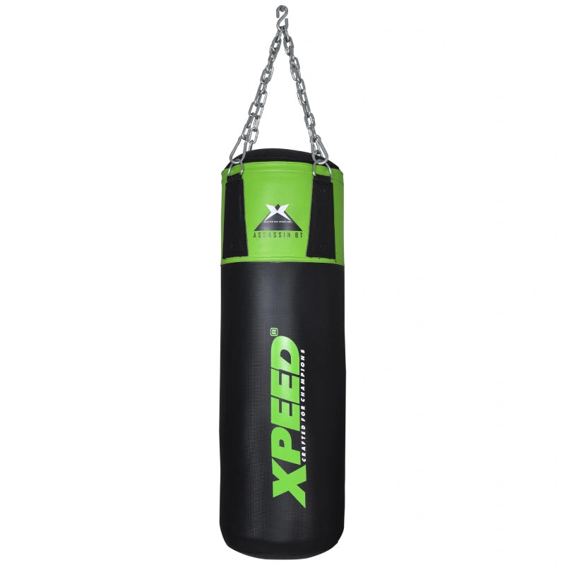 Xpeed XP201 Carbonium PU punch bag for boxing and MMA training, shown hanging in front view with reinforced stitching.