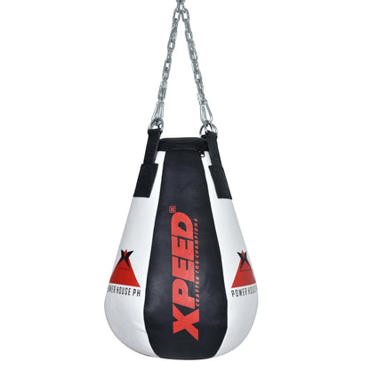 Xpeed XP205 maize punch bag made of all leather, designed for boxing and martial arts training, hanging with a sturdy chain.