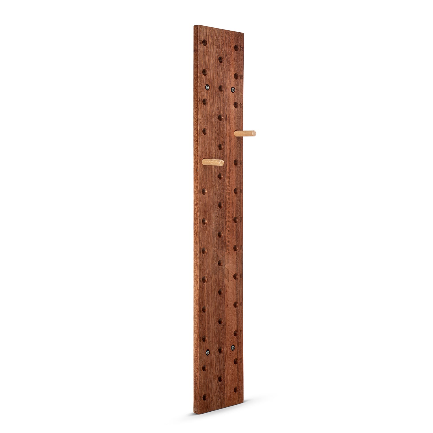 A tall, narrow wooden pegboard wall hook with a warm brown wood finish, featuring multiple round peg holes and two light natural wood hanging bars, shown on a solid white background.
