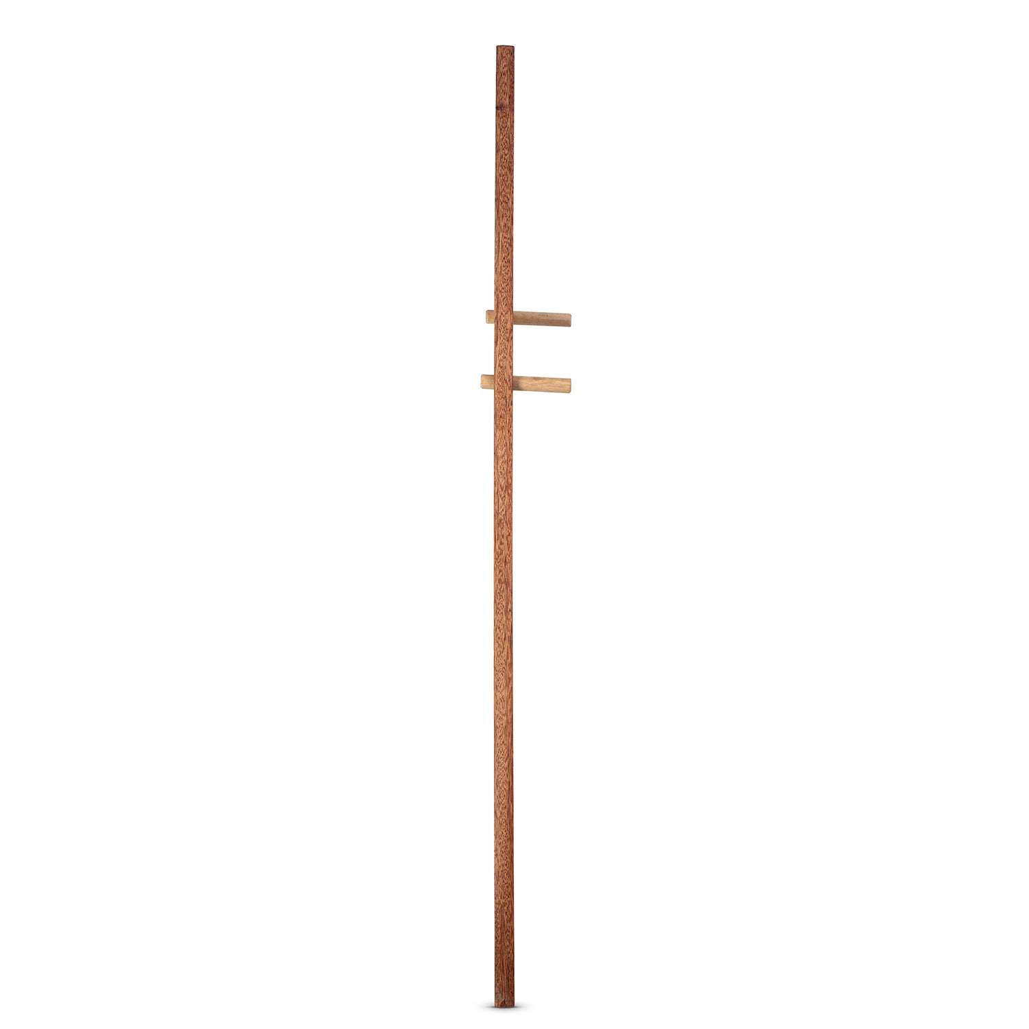 A minimalist wooden coat rack with a single long vertical post and two short horizontal bars, shown on a plain white background.