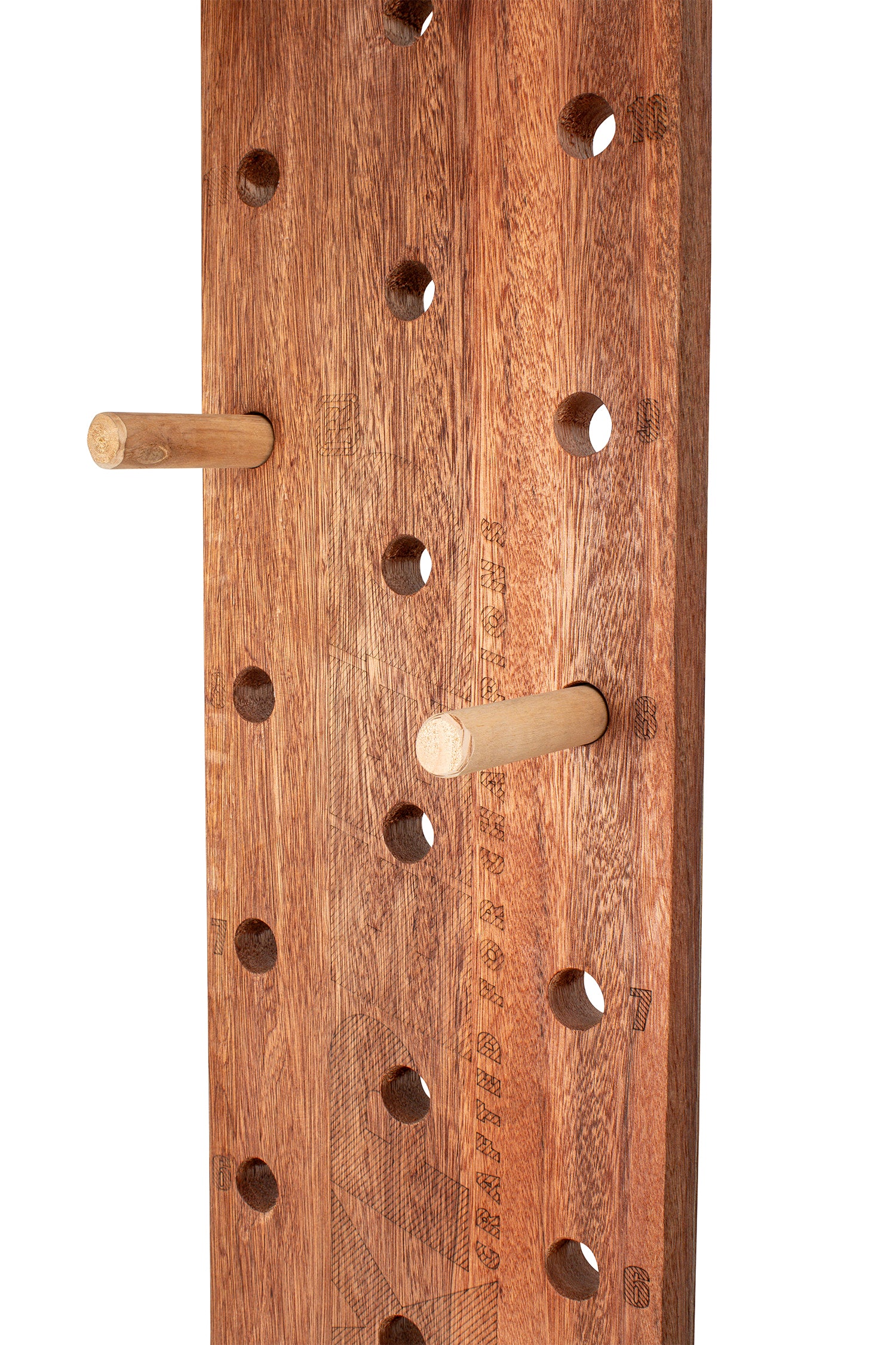 A close-up of a wooden pegboard with a warm medium-brown finish and natural light wood pegs, shown against a plain white background.