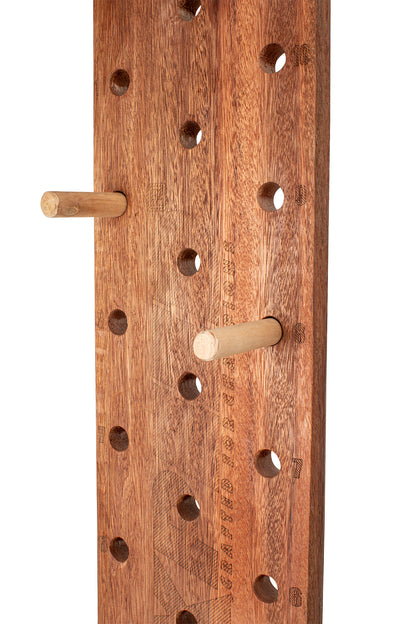 A close-up of a wooden pegboard with a warm medium-brown finish and natural light wood pegs, shown against a plain white background.