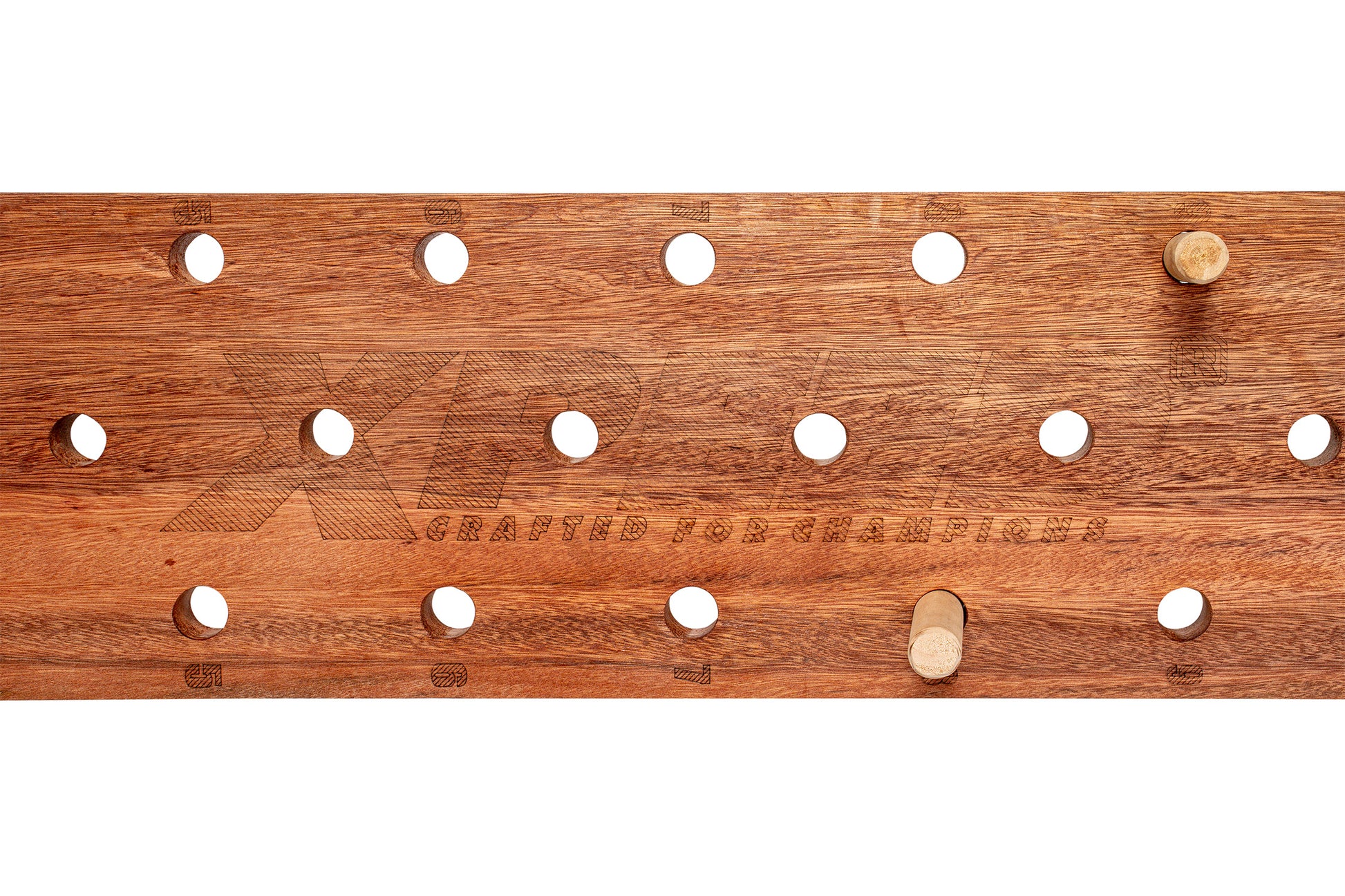A wooden pegboard with a warm medium-brown wood grain finish, featuring multiple circular peg holes and two wooden pegs, shown against a plain white background.