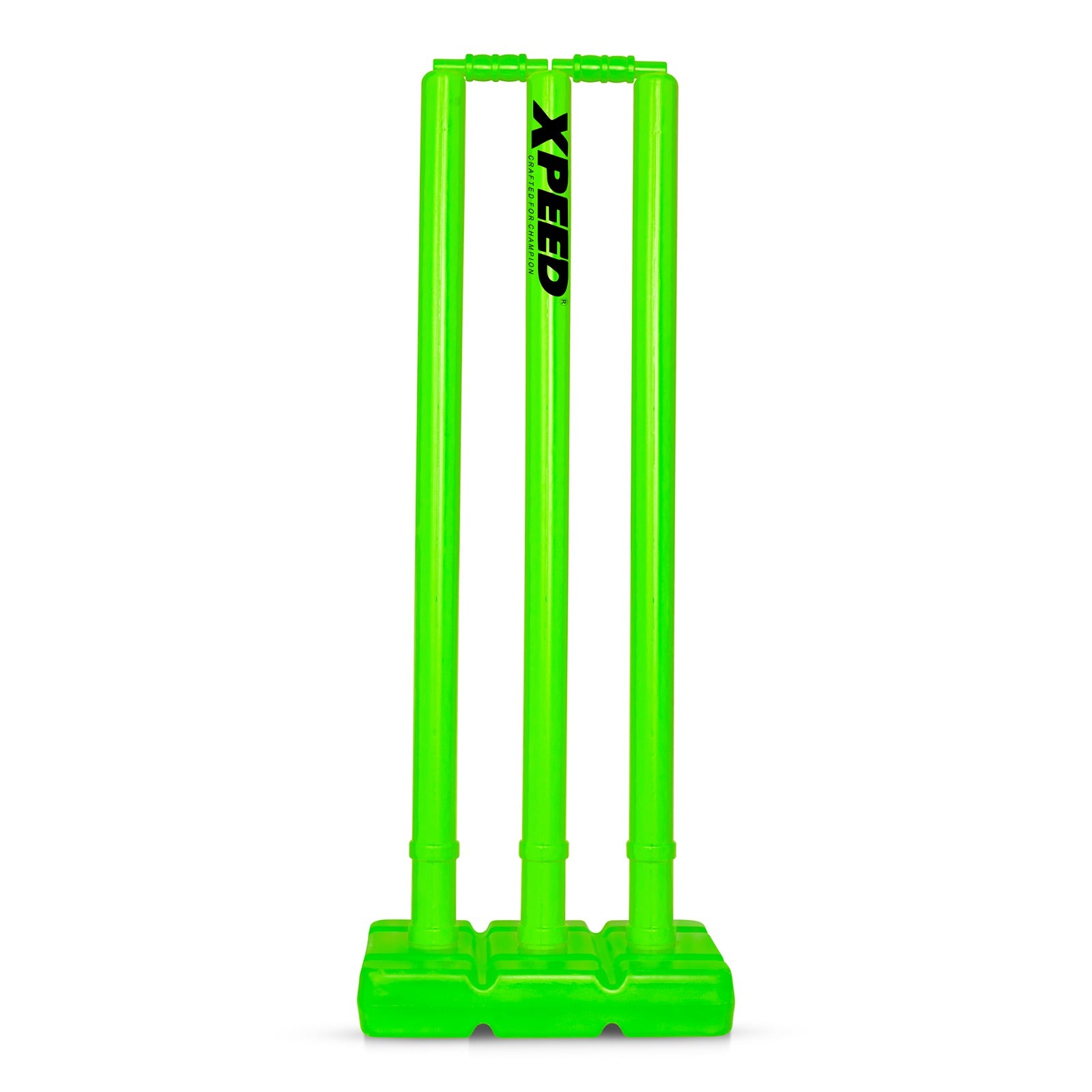 Bright green plastic cricket wickets with a black and white 'XPEED' logo printed vertically on the center wicket, set against a plain white background.