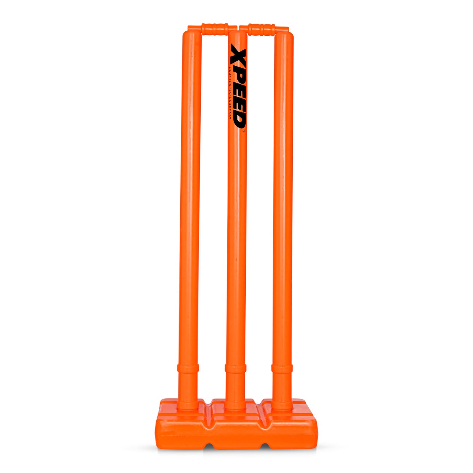 Bright orange plastic cricket stumps with a black 'XPEED' logo printed vertically on the center stump, set against a plain white background.