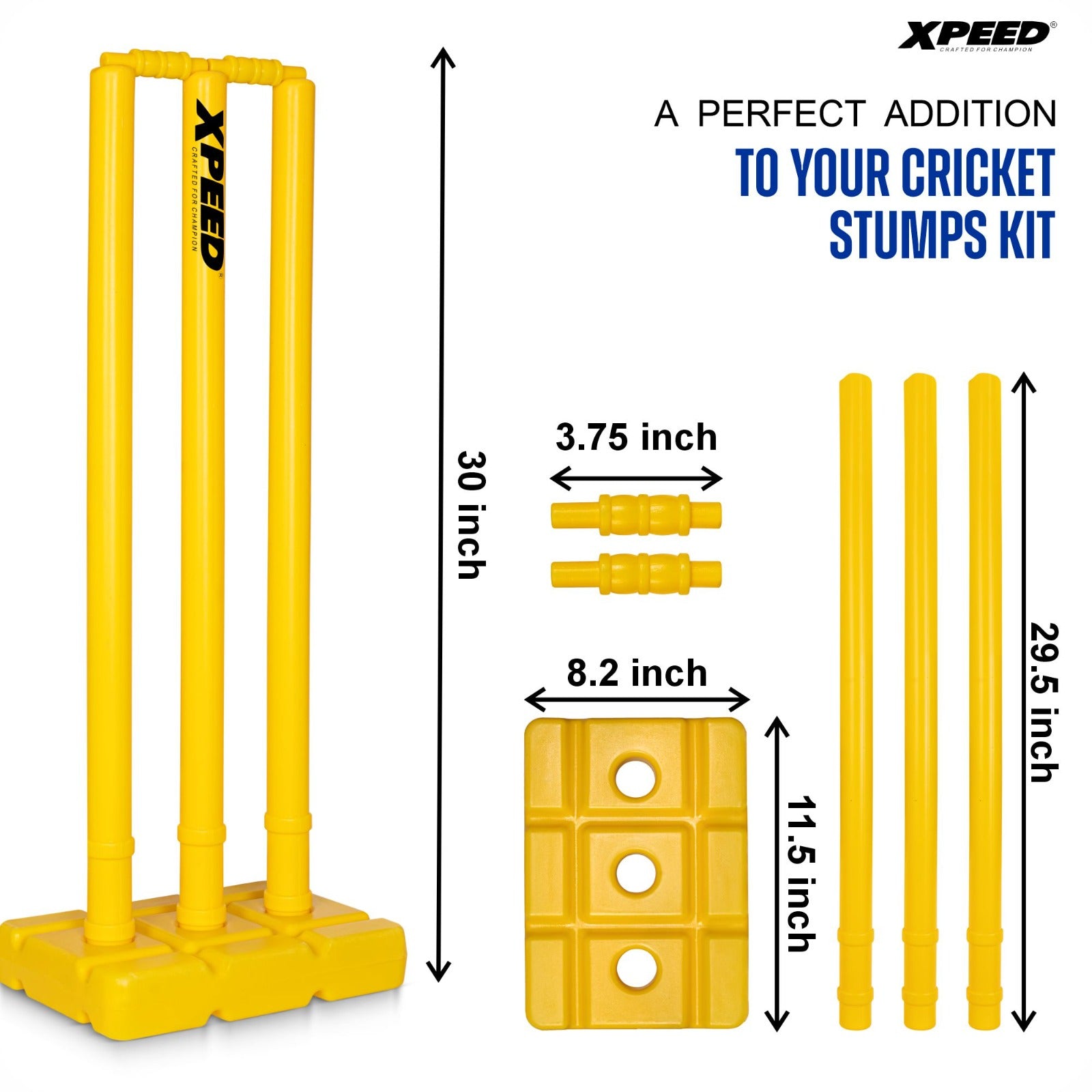 Yellow Xpeed cricket stumps kit shown on a white background with dimension callouts and text reading 'A PERFECT ADDITION TO YOUR CRICKET STUMPS KIT.' The image includes the assembled stumps, separate pieces, and a square base plate with measurements such as 30 inch, 3.