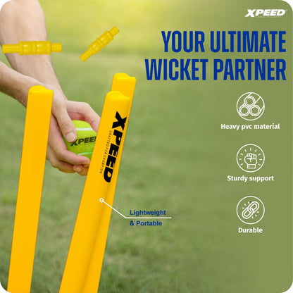 Yellow Xpeed wicket set with a hand holding a green ball, set against a blurred green grass background with product features and benefits listed on the right.