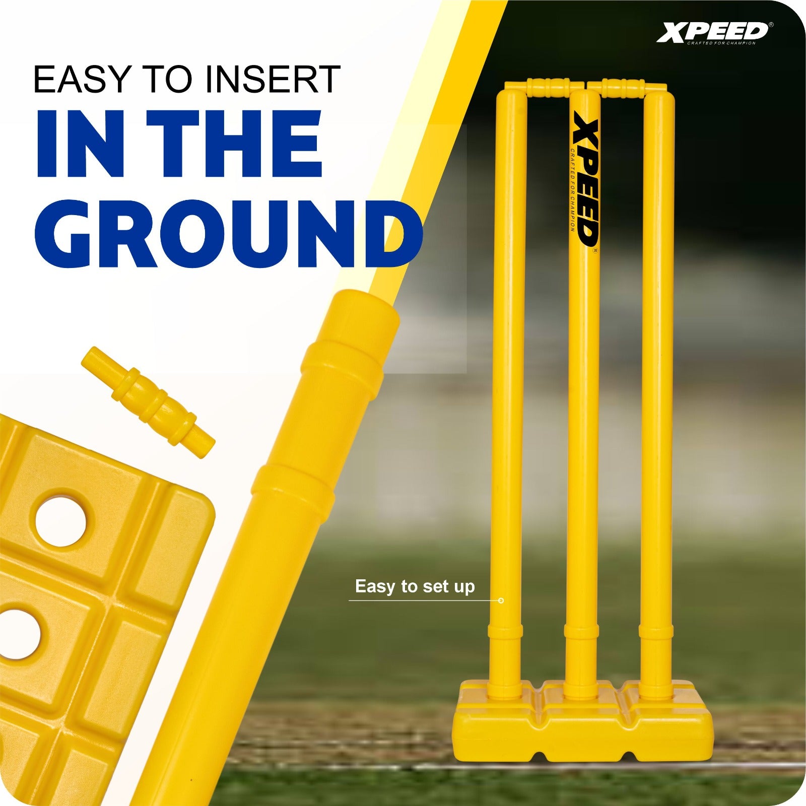Yellow Xpeed brand cricket stumps and matching plastic accessories shown with marketing text on a split white and blurred outdoor background.