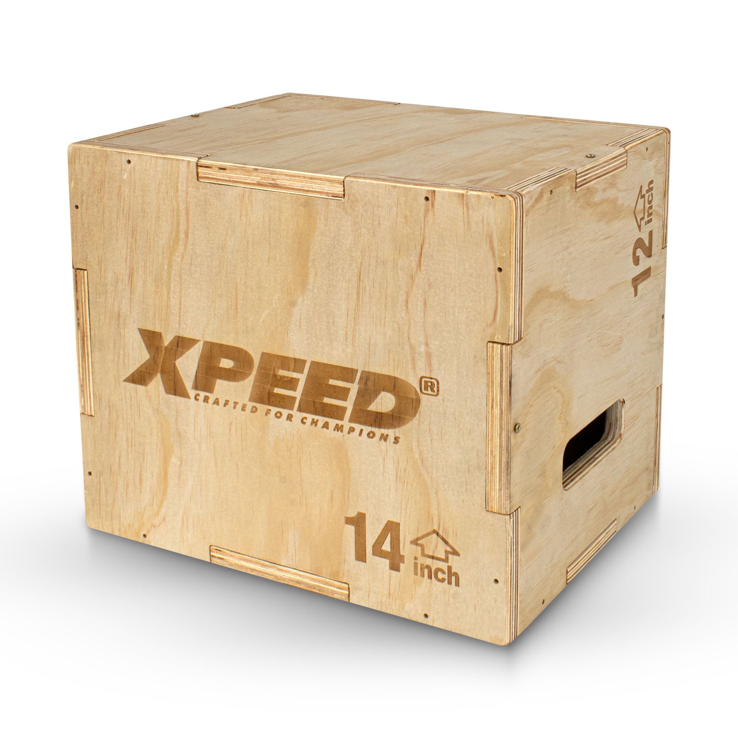 A 14-inch wooden plyo box made of natural plywood with 'XPEED' branding and '14 inch' printed on the side, shown on a clean white background.
