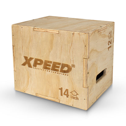A 14-inch wooden plyo box made of natural plywood with 'XPEED' branding and '14 inch' printed on the side, shown on a clean white background.