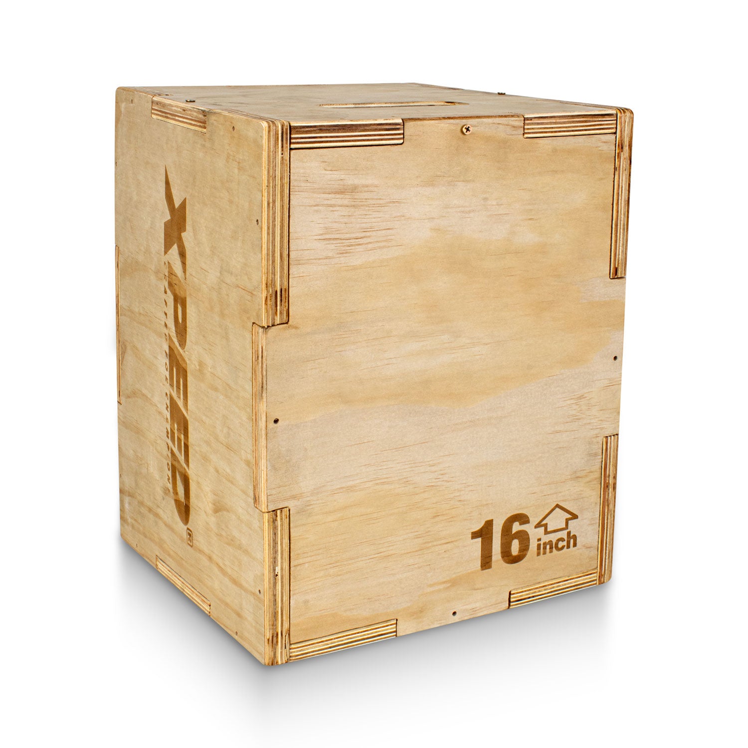 A 16-inch wooden plyo box with laser-etched branding and dimensions, shown at a three-quarter angle on a white background.