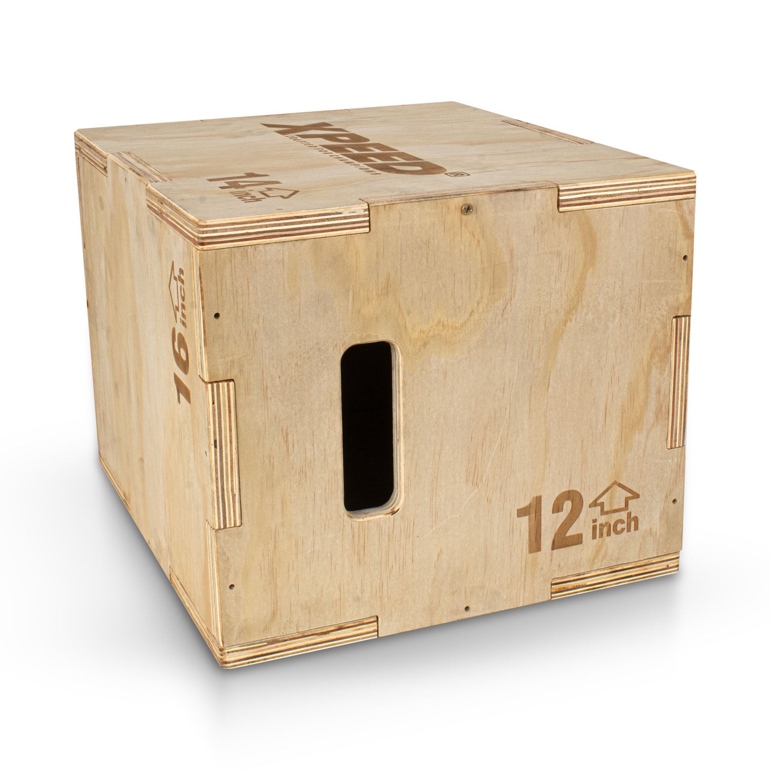 A natural wood plyo box jump with a 12-inch height marking and a cutout handle, shown on a clean white background.