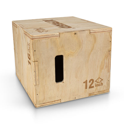 A natural wood plyo box jump with a 12-inch height marking and a cutout handle, shown on a clean white background.