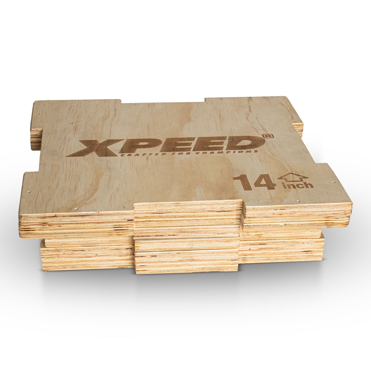 A stack of Xpeed 14-inch plywood workout boxes with a natural wood grain finish, featuring the Xpeed brand logo and '14 inch' text on the top surface, set against a clean white background.